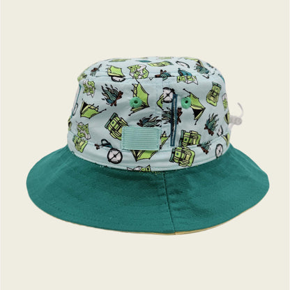 Bucket hat with camping design on light blue fabric and solid green brim