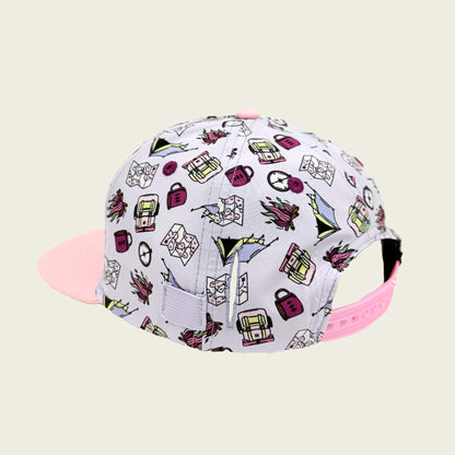 Cap with colorful illustrated pattern on a beige background